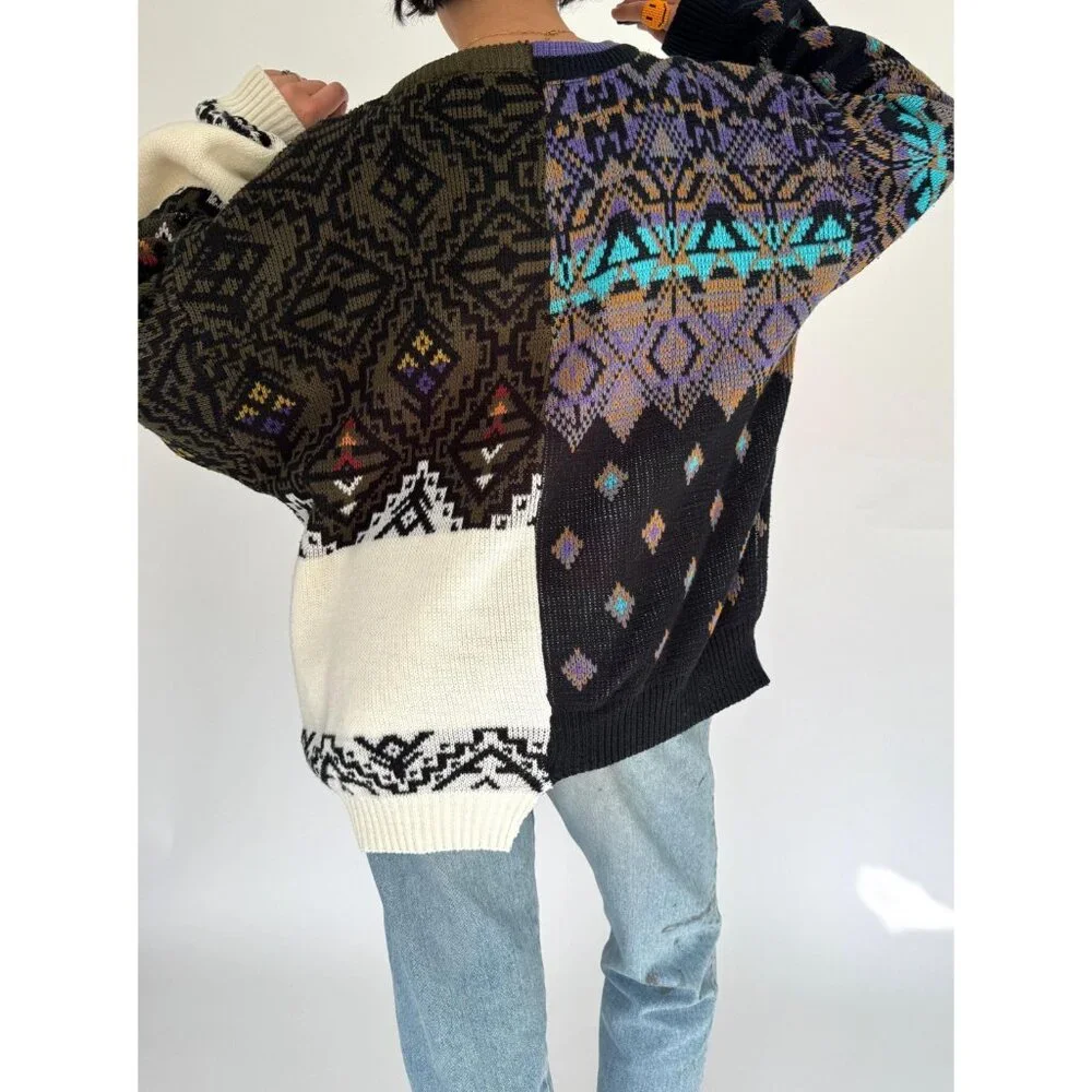 vintage reworked upcycled half and half unique split knit grandpa sweater large - Picture 6 of 9